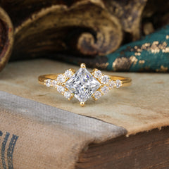 4 Prong Dainty Princess Cut Lab Diamond Enagement Ring Vintage Side Stone Ring