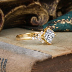 4 Prong Dainty Princess Cut Lab Diamond Enagement Ring Vintage Side Stone Ring