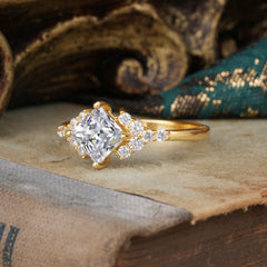 4 Prong Dainty Princess Cut Lab Diamond Enagement Ring Vintage Side Stone Ring