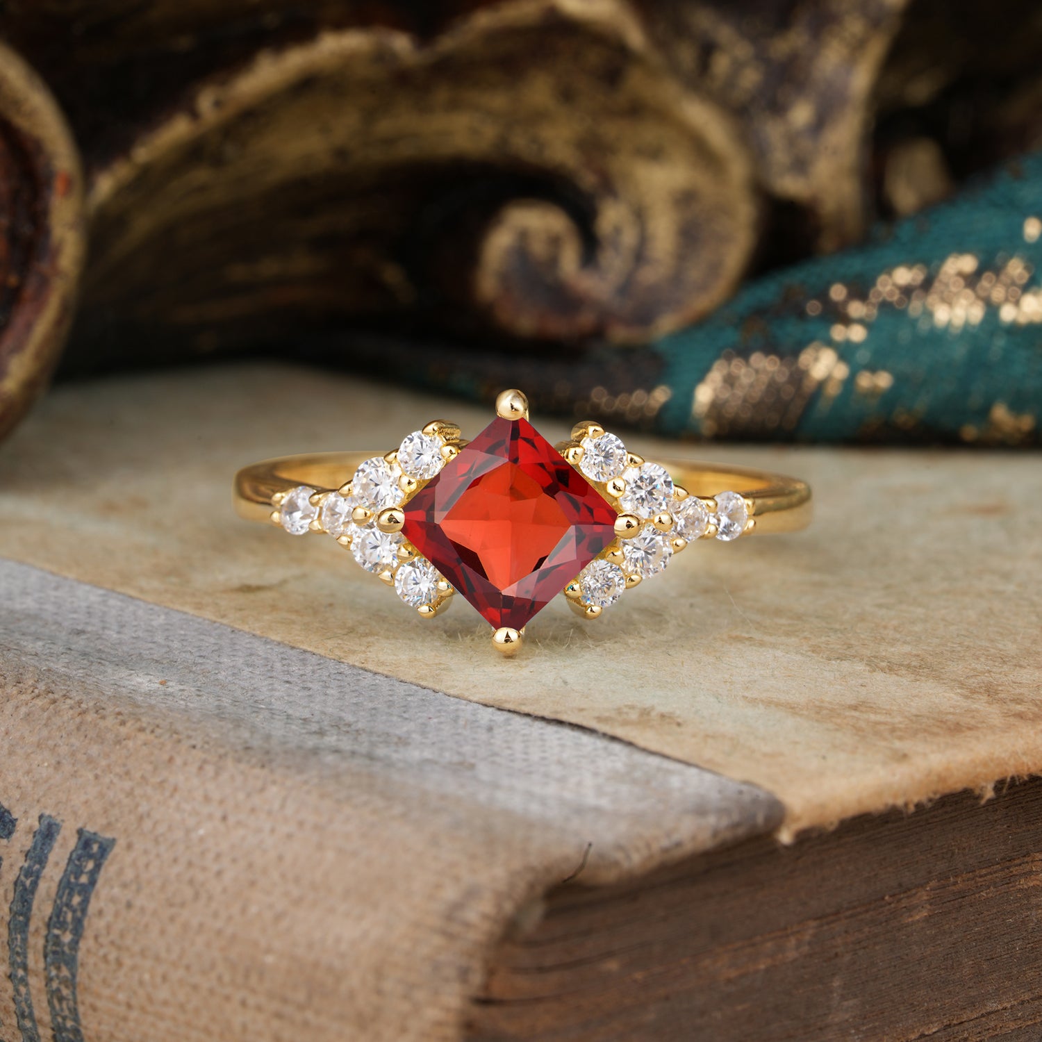 Vintage 4 Prong Dainty Princess Cut Garnet Side Stone Engagement Ring