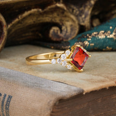 Dainty Princess Cut Garnet Enagement Ring Vintage Side Stone Ring