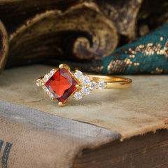 Dainty Princess Cut Garnet Enagement Ring Vintage Side Stone Ring