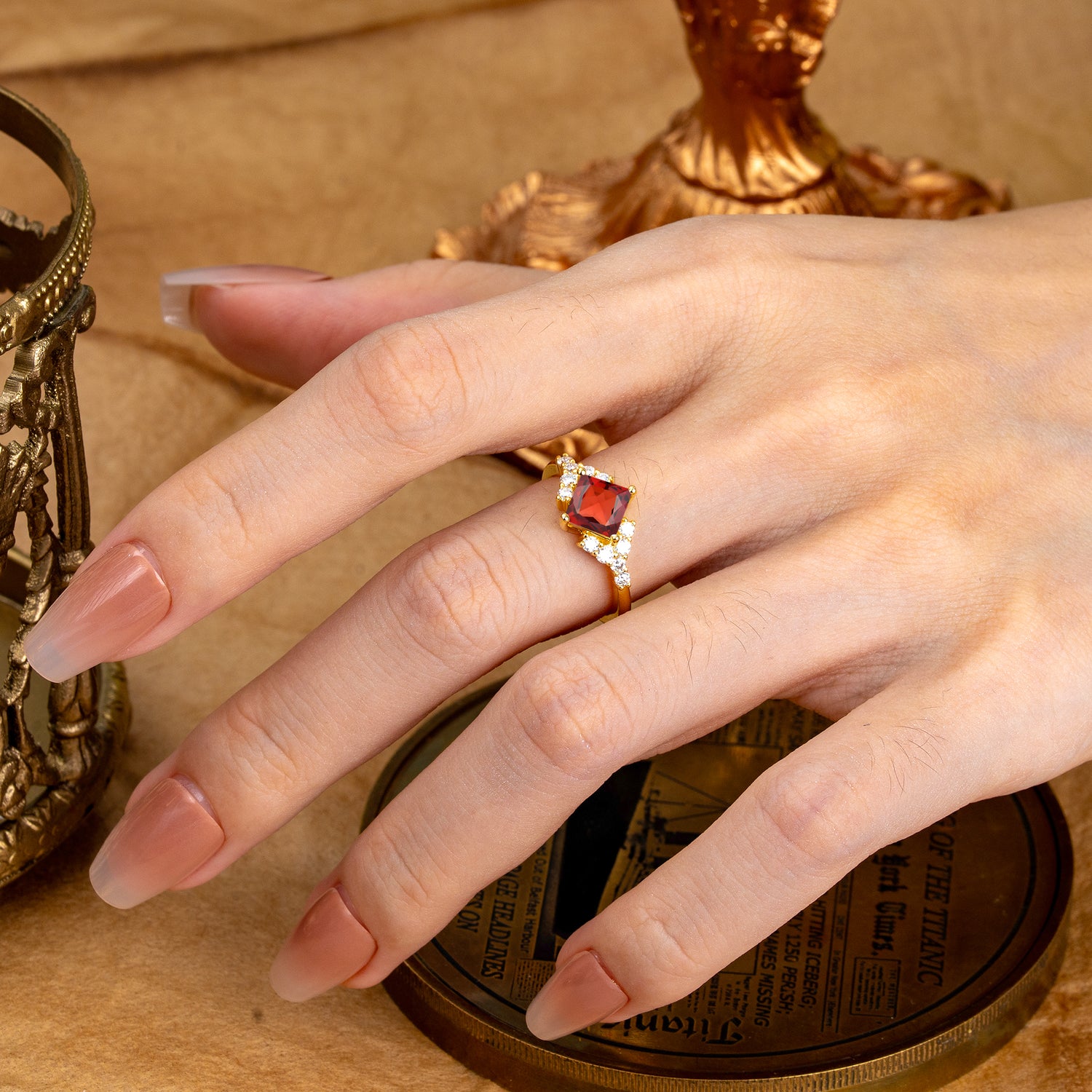 Vintage 4 Prong Dainty Princess Cut Garnet Side Stone Engagement Ring