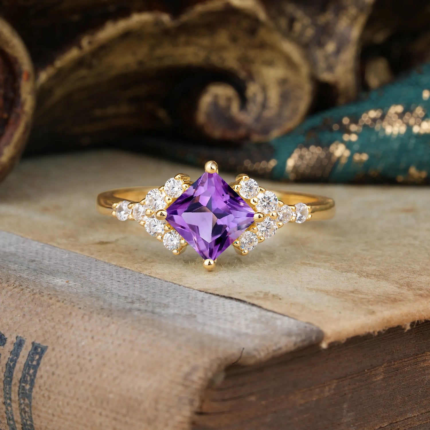 Vintage 4 Prong Dainty Princess Cut Amethyst Side Stone Engagement Ring