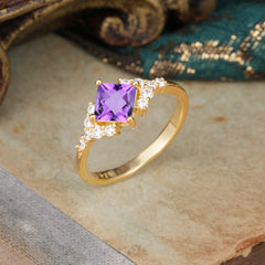 Dainty Princess Cut Amethyst Enagement Ring Vintage Side Stone Ring
