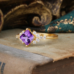 Dainty Princess Cut Amethyst Enagement Ring Vintage Side Stone Ring