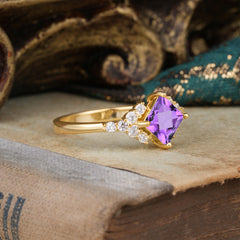 Dainty Princess Cut Amethyst Enagement Ring Vintage Side Stone Ring