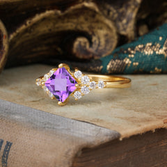 Dainty Princess Cut Amethyst Enagement Ring Vintage Side Stone Ring