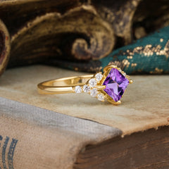 Dainty Princess Cut Amethyst Enagement Ring Vintage Side Stone Ring