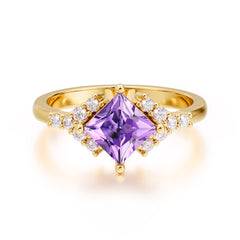 Dainty Princess Cut Amethyst Enagement Ring Vintage Side Stone Ring