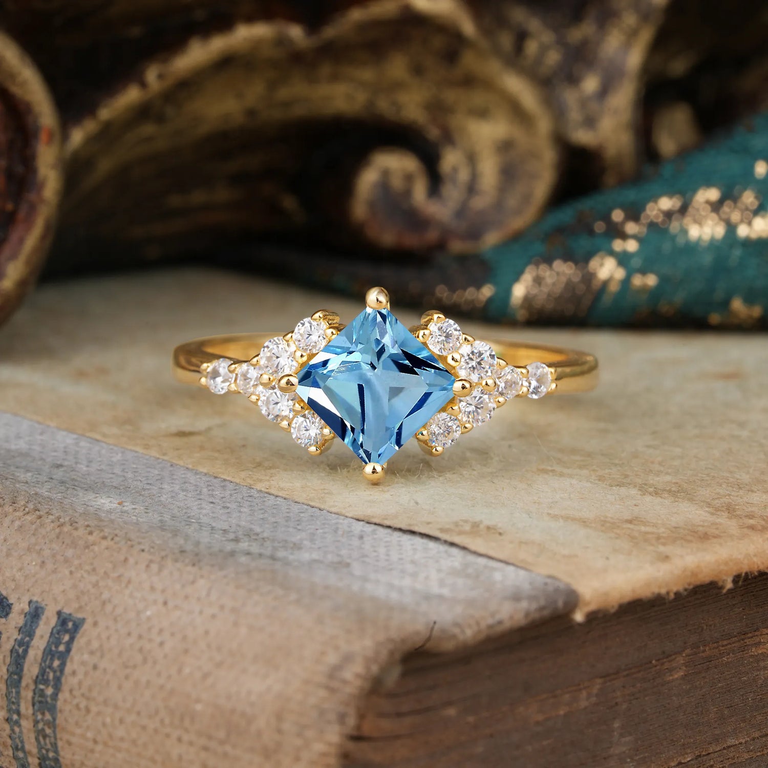 Vintage 4 Prong Dainty Princess Cut Aquamarine Side Stone Engagement Ring