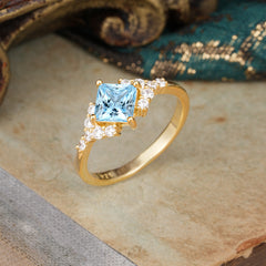 Dainty Princess Cut Aquamarine Enagement Ring Vintage Side Stone Ring