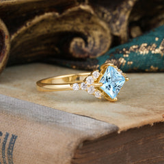 Dainty Princess Cut Aquamarine Enagement Ring Vintage Side Stone Ring