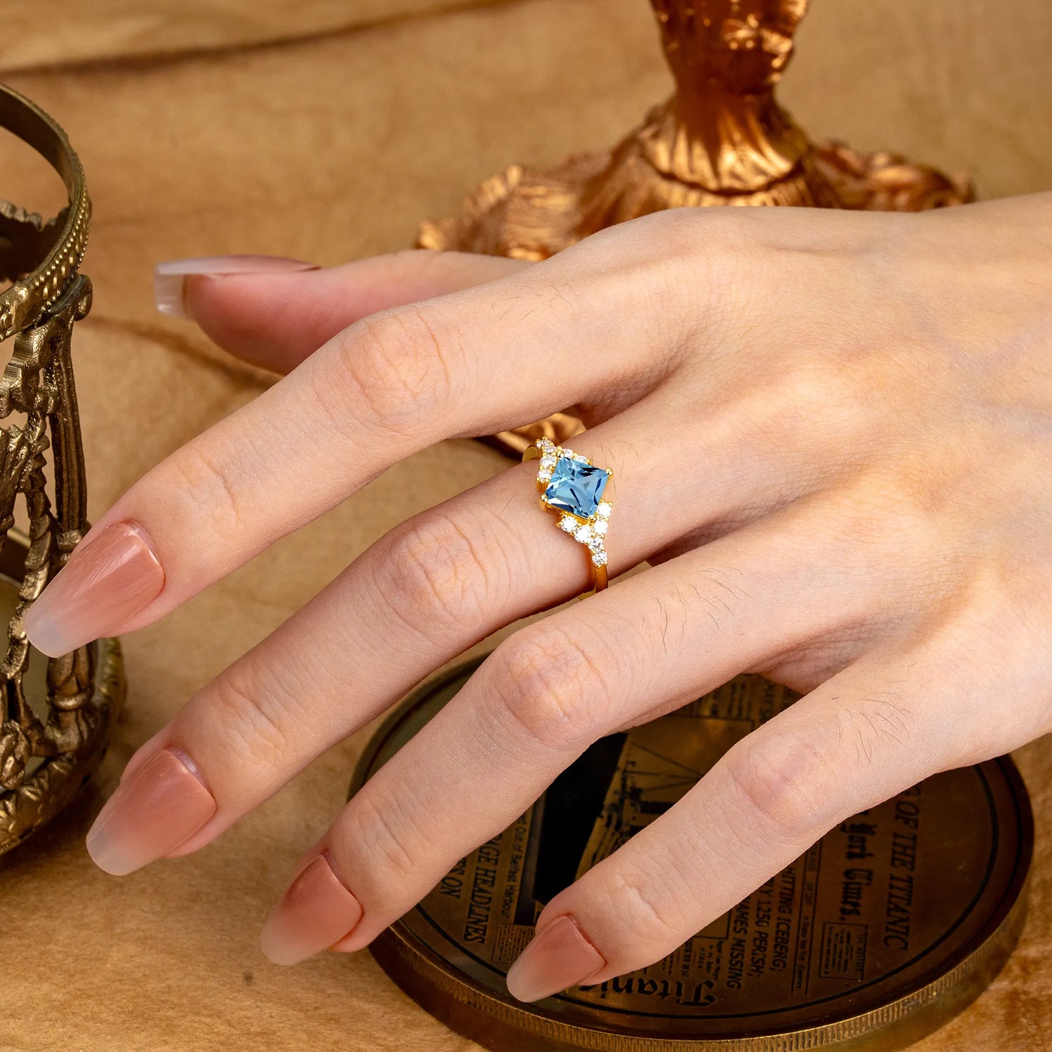 Vintage 4 Prong Dainty Princess Cut Aquamarine Side Stone Engagement Ring