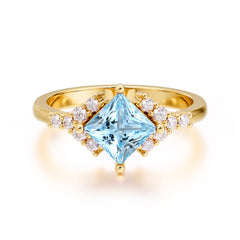 Dainty Princess Cut Aquamarine Enagement Ring Vintage Side Stone Ring