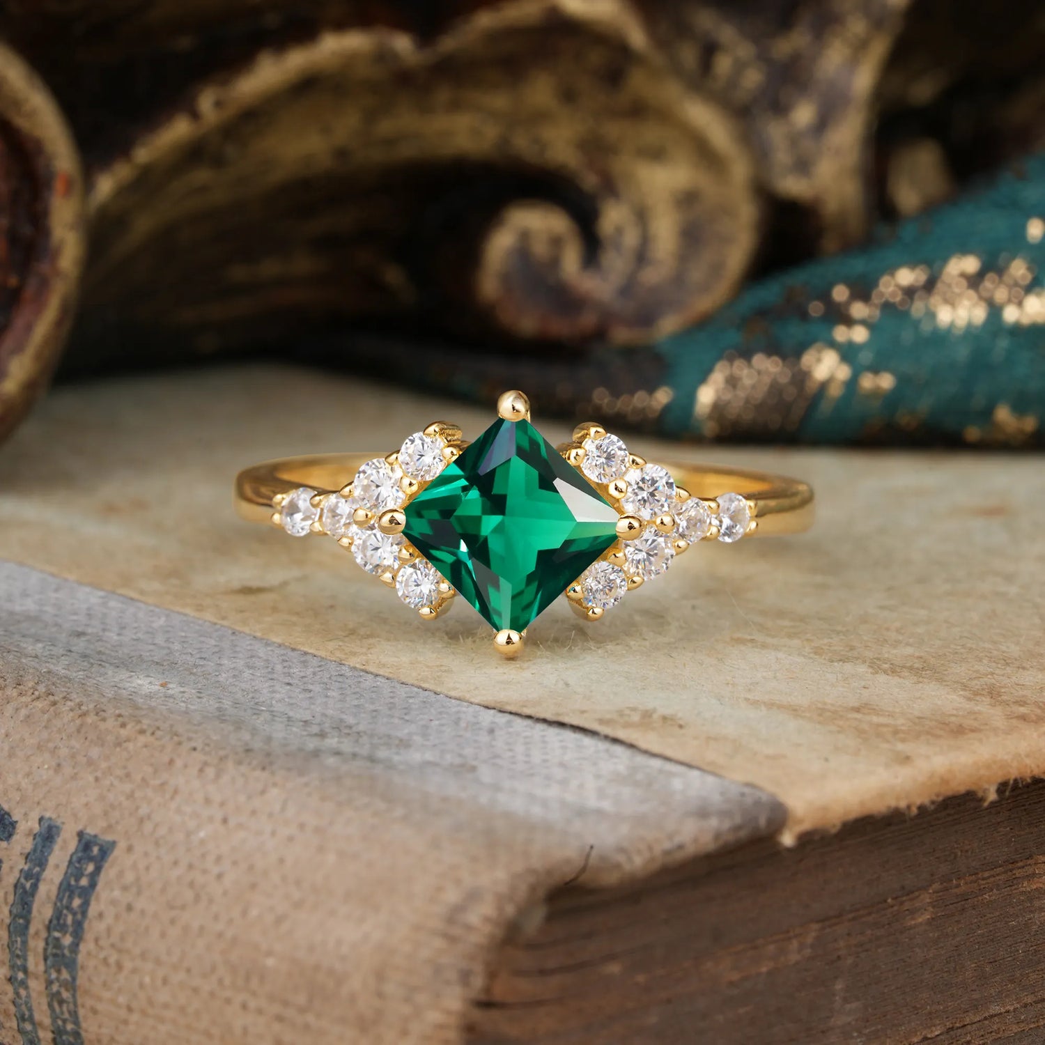 Vintage 4 Prong Dainty Princess Cut Emerald Side Stone Engagement Ring