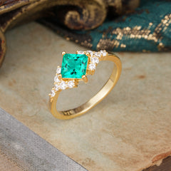 Dainty Princess Cut Emerald Enagement Ring Vintage Side Stone Ring