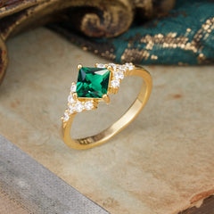 Dainty Princess Cut Emerald Enagement Ring Vintage Side Stone Ring