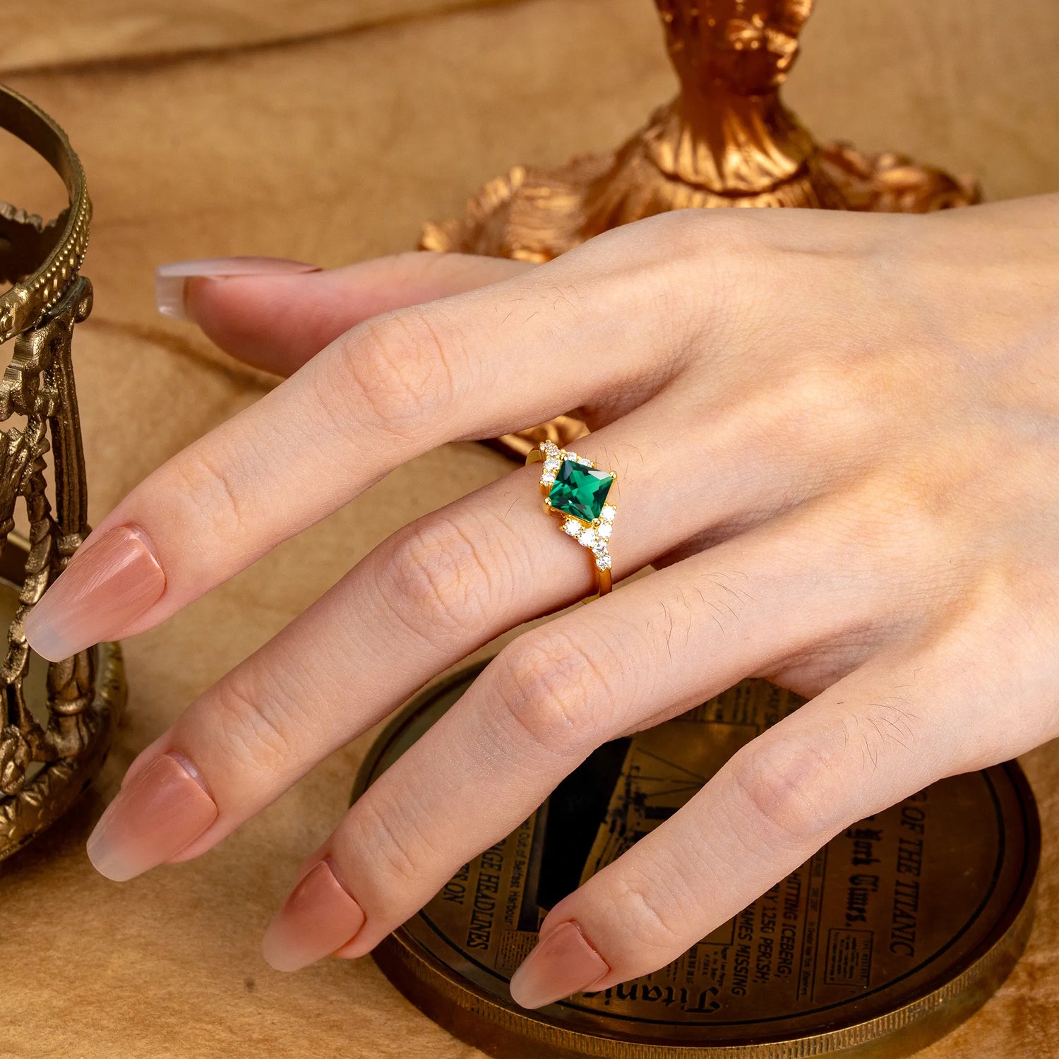 Vintage 4 Prong Dainty Princess Cut Emerald Side Stone Engagement Ring