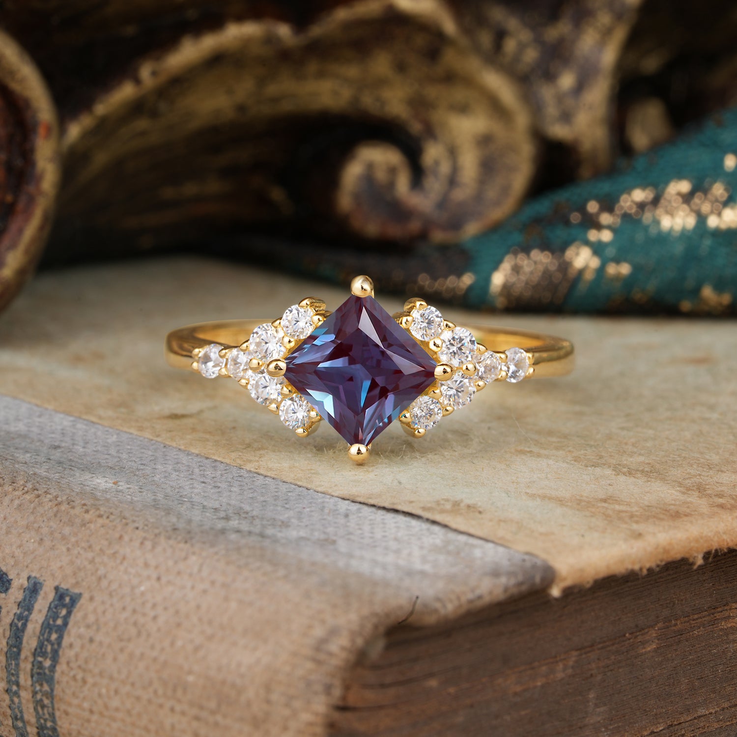 Vintage 4 Prong Dainty Princess Cut Alexandrite Side Stone Engagement Ring