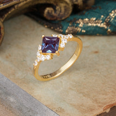 4 Prong Dainty Princess Cut Alexandrite Enagement Ring Vintage Side Stone Ring