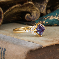 4 Prong Dainty Princess Cut Alexandrite Enagement Ring Vintage Side Stone Ring