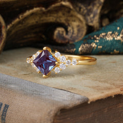 4 Prong Dainty Princess Cut Alexandrite Enagement Ring Vintage Side Stone Ring