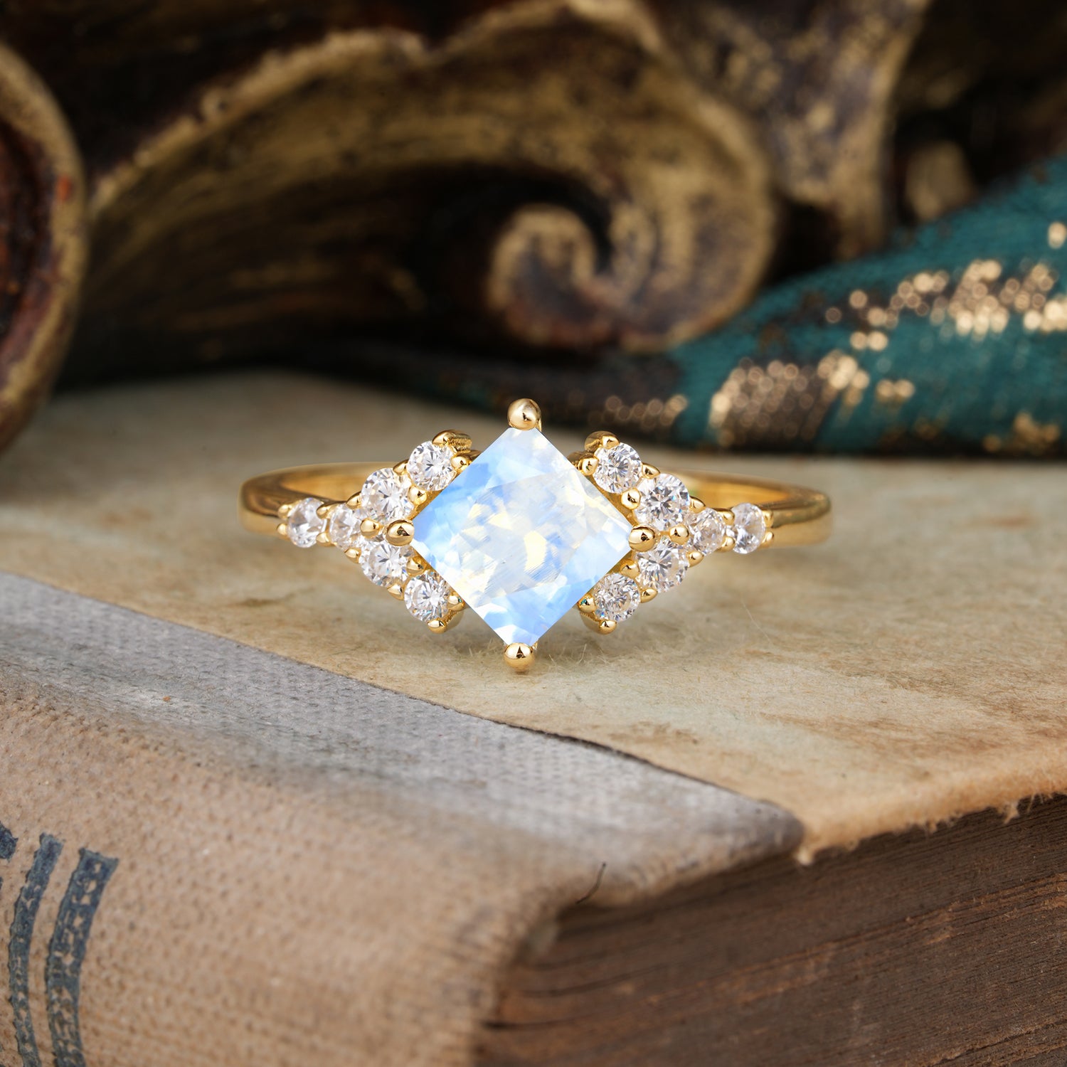 Vintage 4 Prong Dainty Princess Cut Moonstone Side Stone Engagement Ring