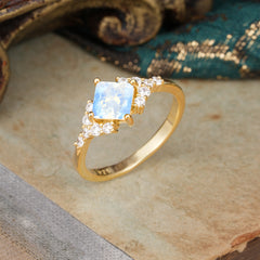 4 Prong Dainty Princess Cut Moonstone Enagement Ring Vintage Side Stone Ring