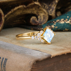 4 Prong Dainty Princess Cut Moonstone Enagement Ring Vintage Side Stone Ring