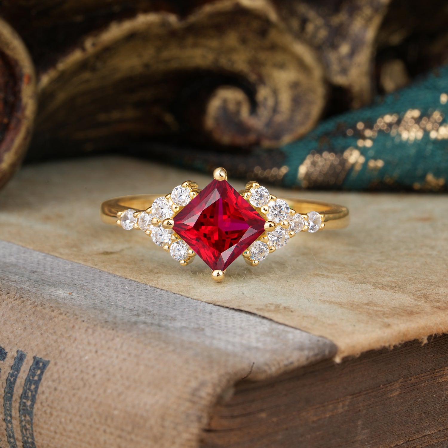 Vintage 4 Prong Dainty Princess Cut Ruby Side Stone Engagement Ring
