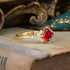 4 Prong Dainty Princess Cut Ruby Enagement Ring Vintage Side Stone Ring