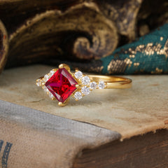4 Prong Dainty Princess Cut Ruby Enagement Ring Vintage Side Stone Ring