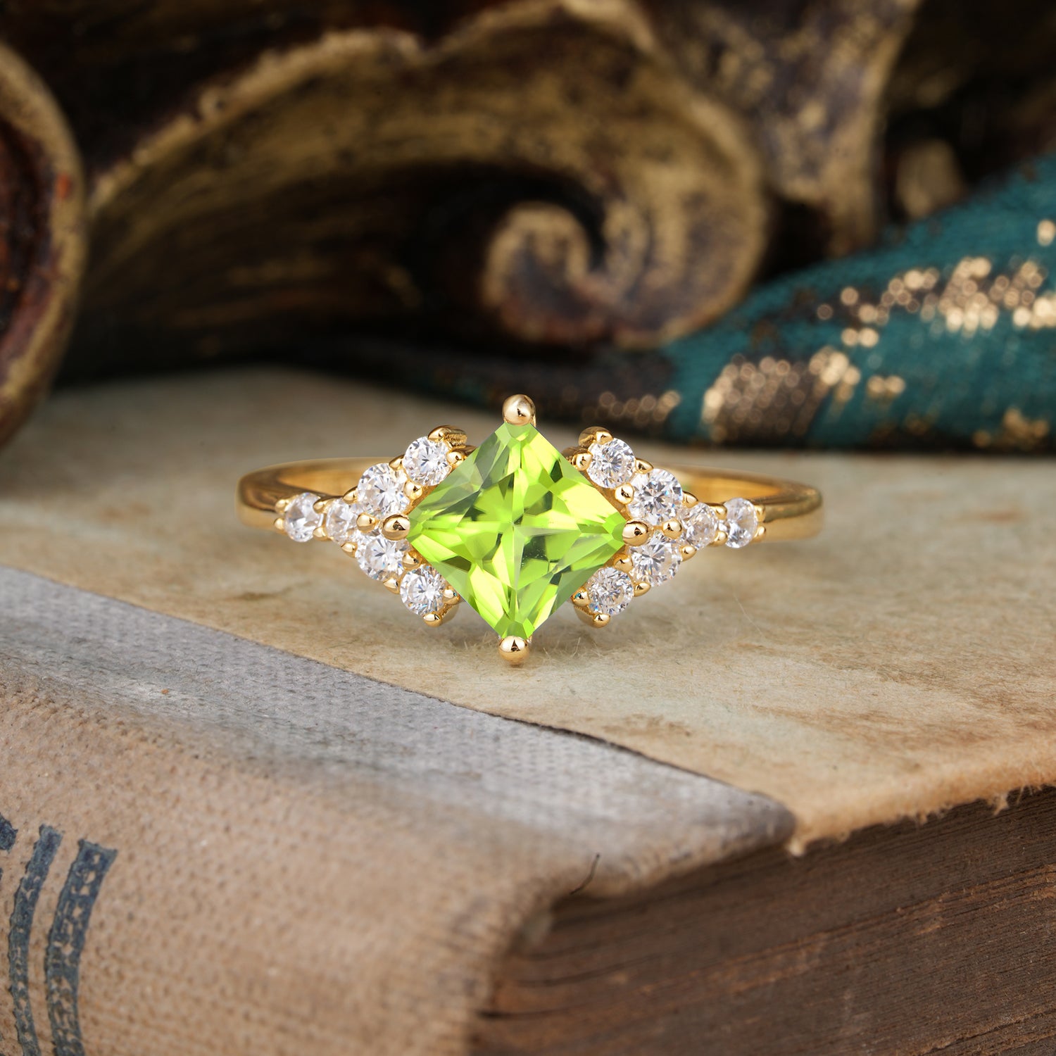 Vintage 4 Prong Dainty Princess Cut Peridot Side Stone Engagement Ring