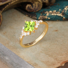 Dainty Princess Cut Peridot Enagement Ring Vintage Side Stone Ring