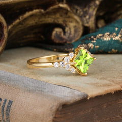 Dainty Princess Cut Peridot Enagement Ring Vintage Side Stone Ring