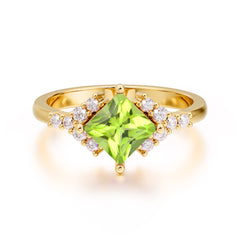 Dainty Princess Cut Peridot Enagement Ring Vintage Side Stone Ring