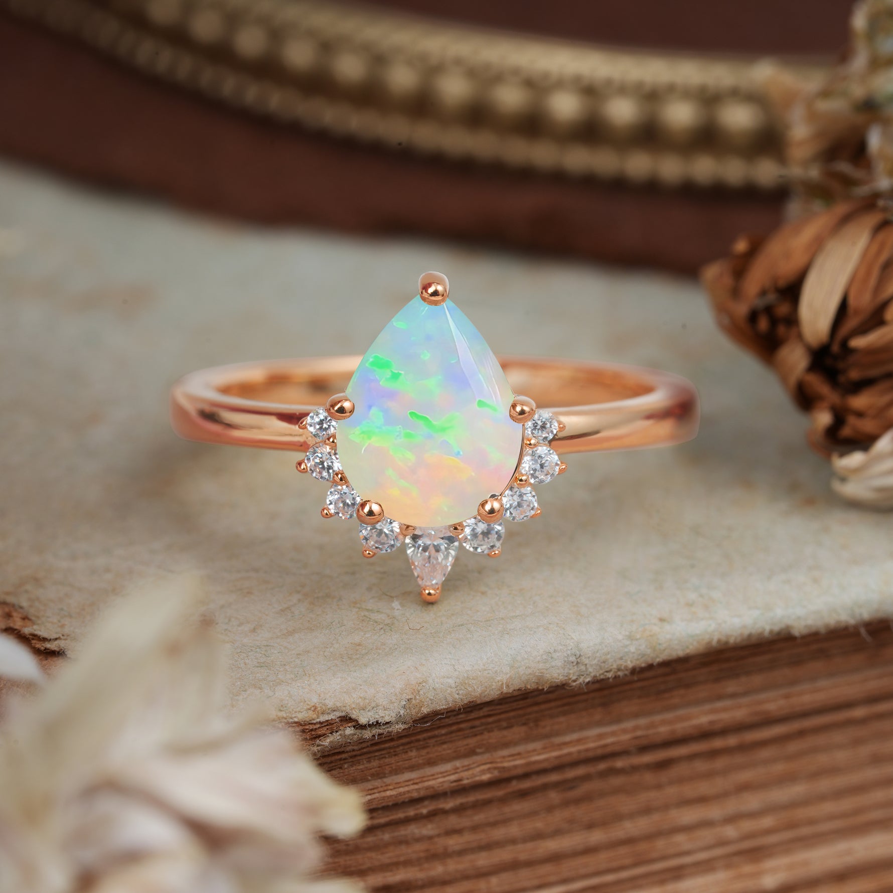 4CT Emerald Cut Fire Opal Engagement Ring Vintage Classic Side Stones Halo Bridal Ring     - Additional view
