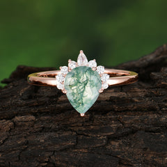 Pear Cut Vintage Moss Agate Engagement Ring Cluster Ring for Women
