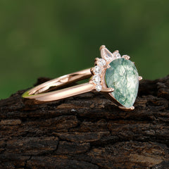 Pear Cut Vintage Moss Agate Engagement Ring Cluster Ring for Women