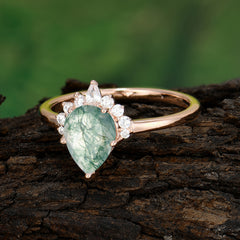 Pear Cut Vintage Moss Agate Engagement Ring Cluster Ring for Women