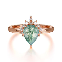 Pear Cut Vintage Moss Agate Engagement Ring Cluster Ring for Women