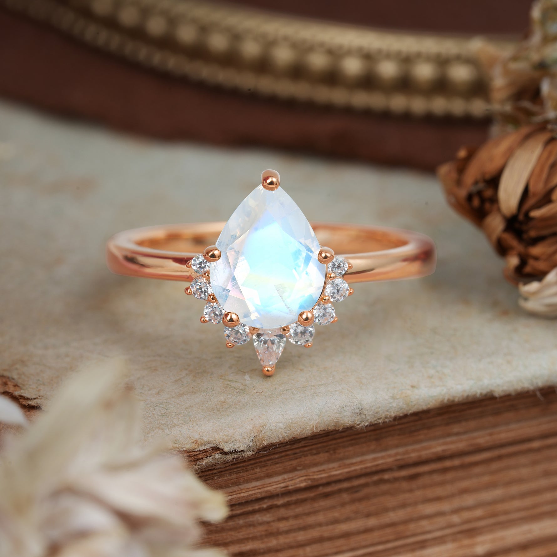 4CT Emerald Cut Moonstone Engagement Ring Vintage Classic Side Stones Halo Bridal Ring     - Additional view