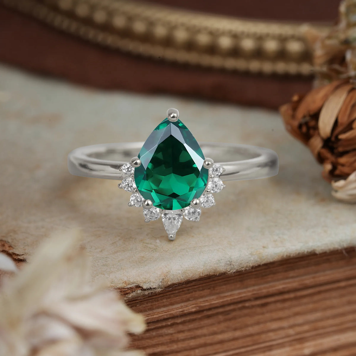 Pear Cut Vintage Emerald Engagement Ring Cluster Ring for Women - Romalar Jewelry