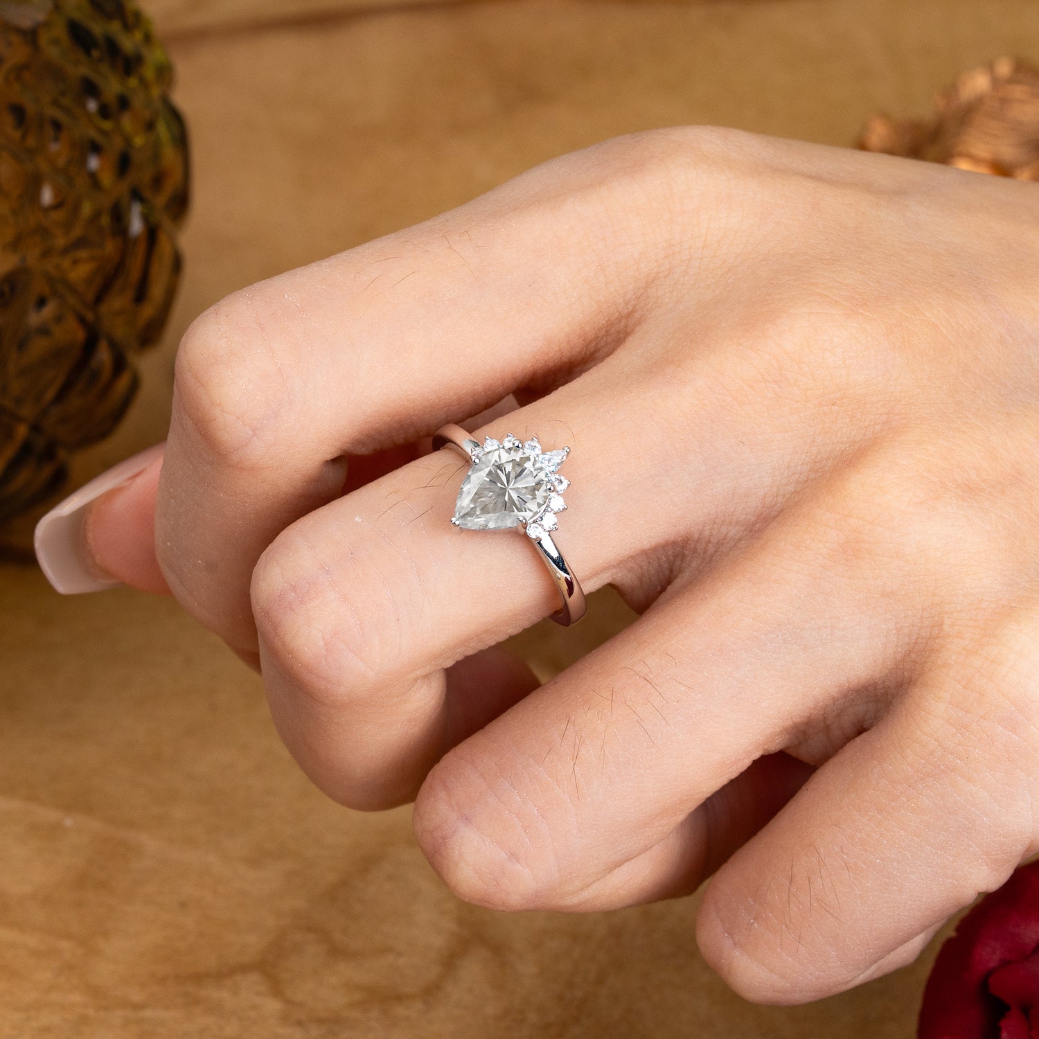 Pear Cut Vintage Moissanite Engagement Ring Cluster Ring for Women