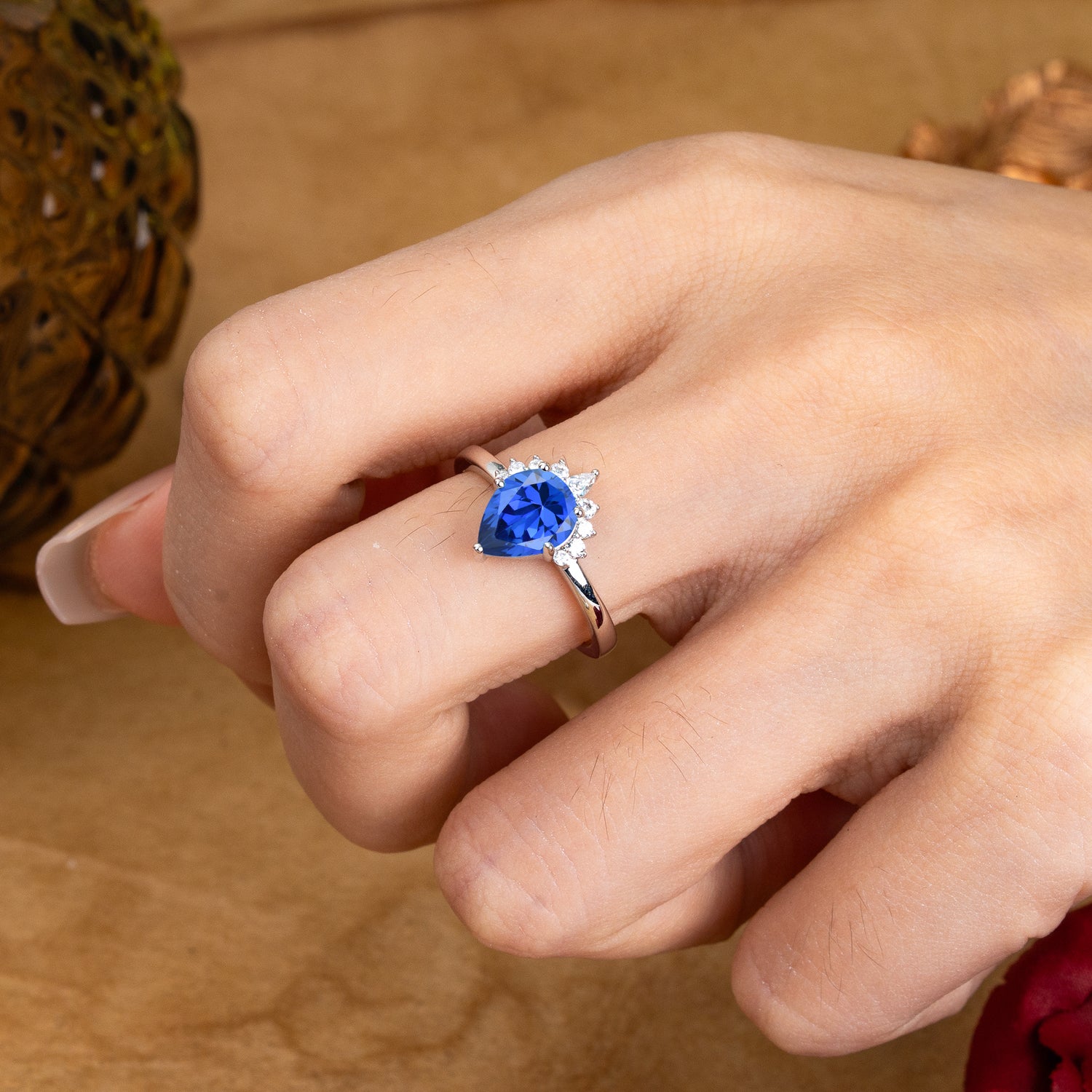 Pear Cut Vintage Sapphire Engagement Ring Cluster Ring for Women - Romalar Jewelry