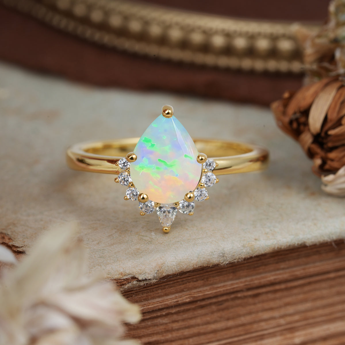 4CT Emerald Cut Fire Opal Engagement Ring Vintage Classic Side Stones Halo Bridal Ring     - Additional view