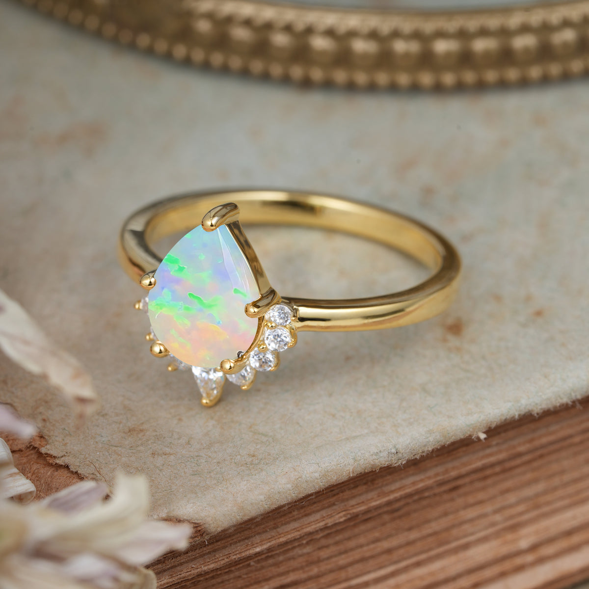 4CT Emerald Cut Fire Opal Engagement Ring Vintage Classic Side Stones Halo Bridal Ring     - Additional view