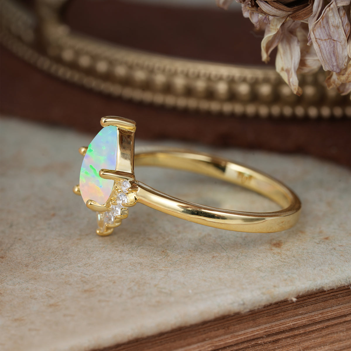 4CT Emerald Cut Fire Opal Engagement Ring Vintage Classic Side Stones Halo Bridal Ring     - Additional view