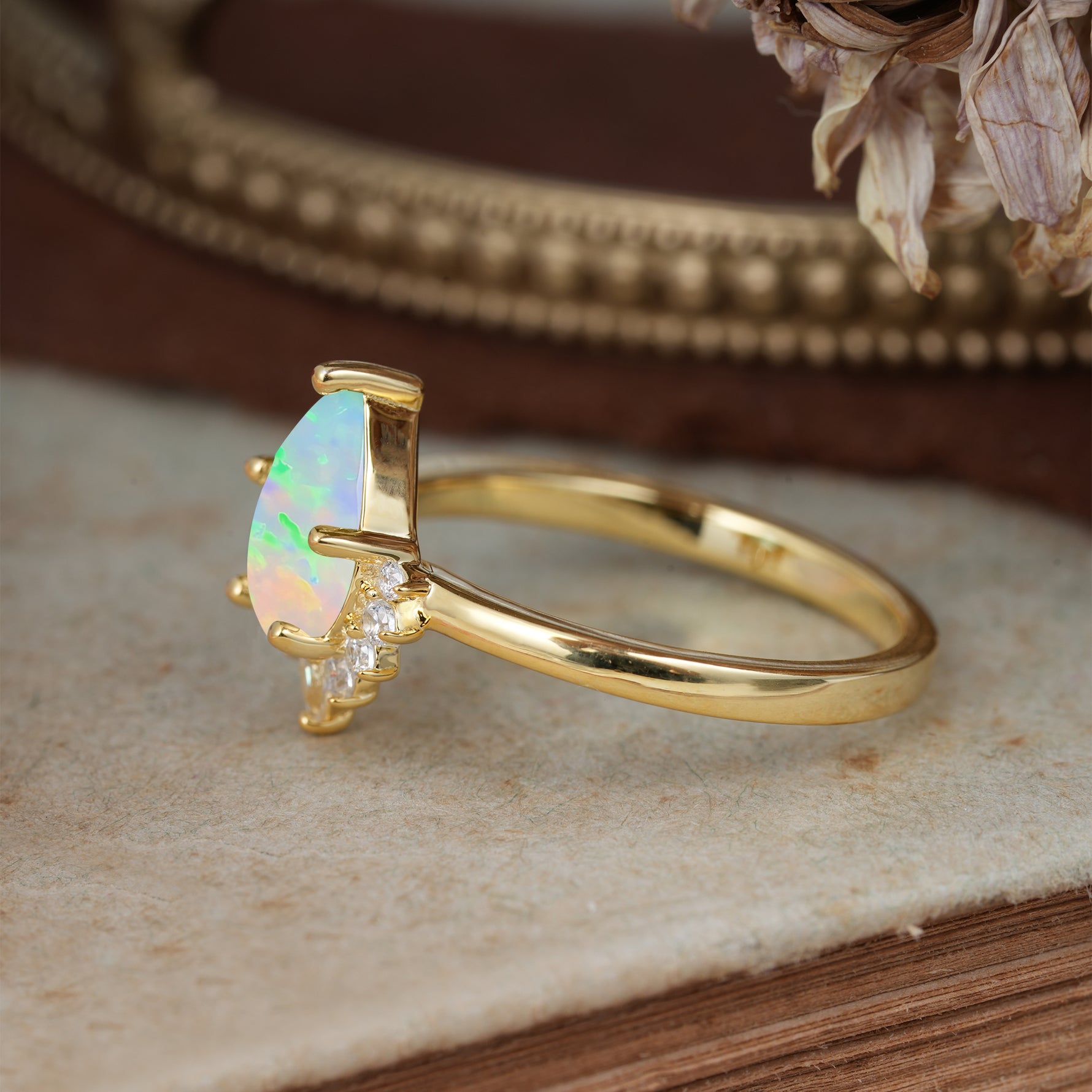 4CT Emerald Cut Fire Opal Engagement Ring Vintage Classic Side Stones Halo Bridal Ring     - Additional view